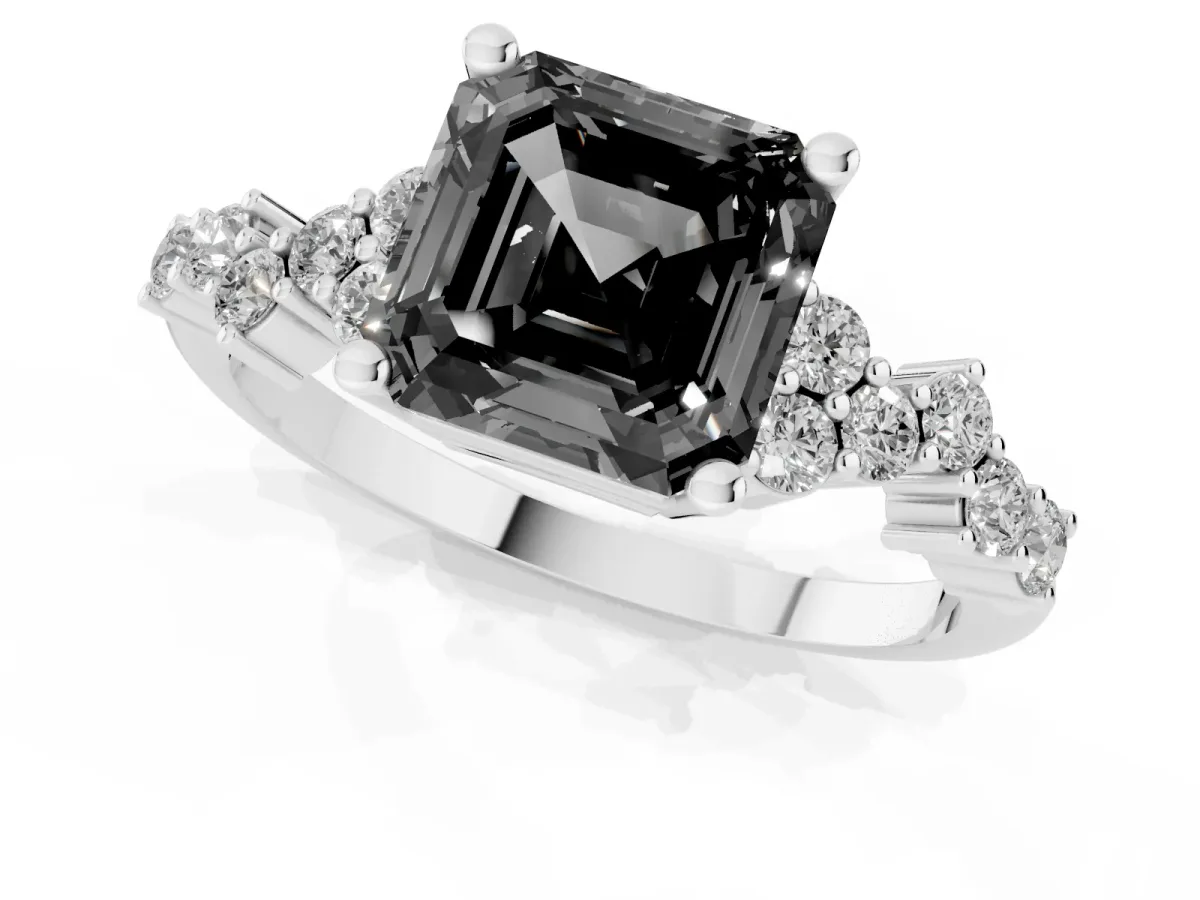 Fancy Black Asscher Cut Diamond Scattered Round Accent Ring with Prong Setting Silver