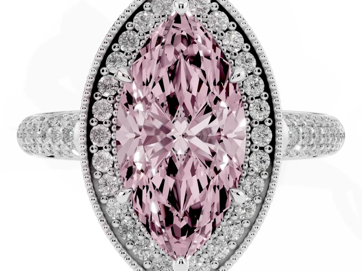 Fancy Pink Marquise Cut Cut Halo Diamond Pave Band with Four-Prong Setting Silver