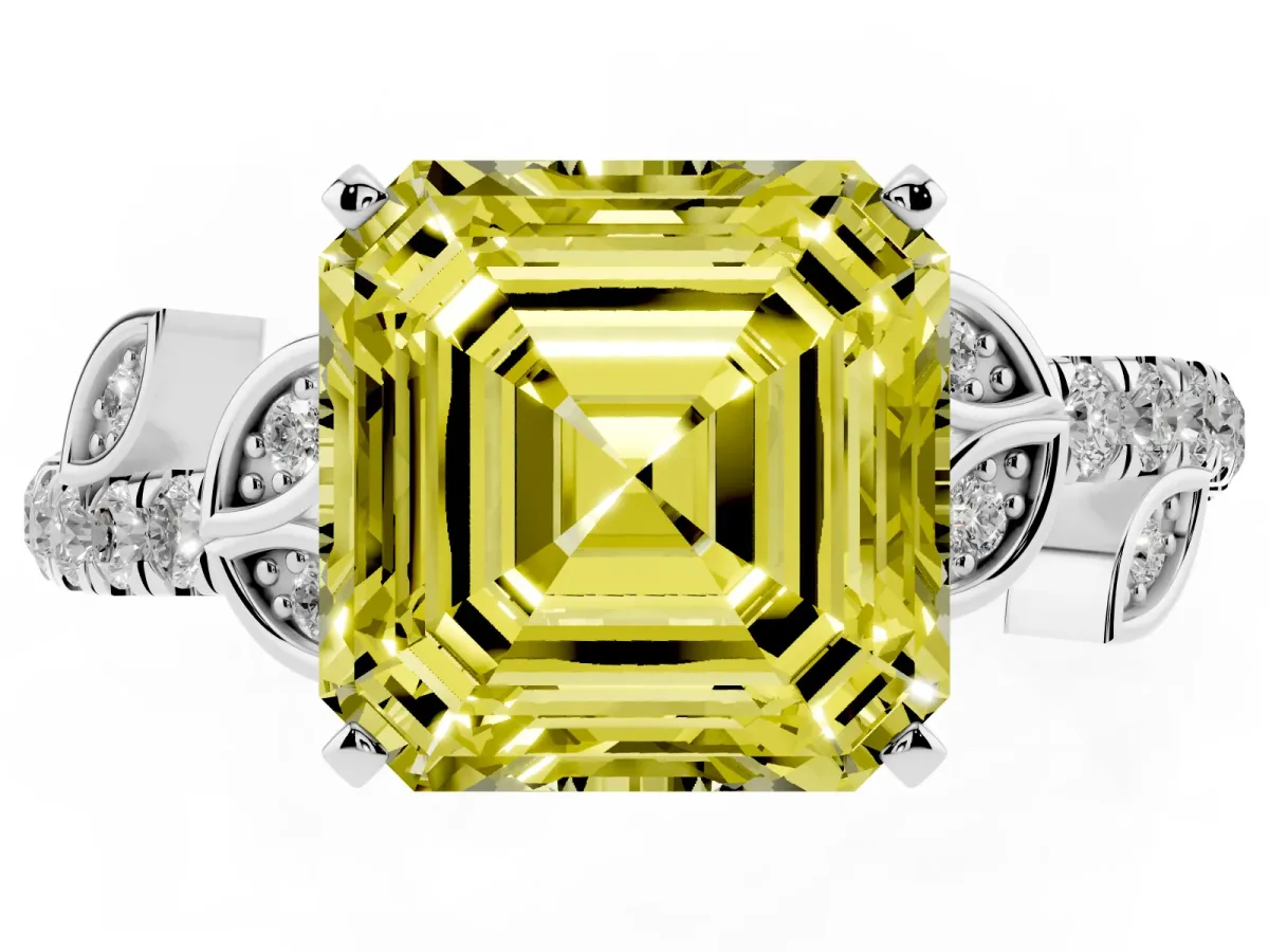 Fancy Yellow Asscher Cut Solitaire Leaf-Inspired Diamond Ring with Pavé Band and Four-Prong Setting White gold