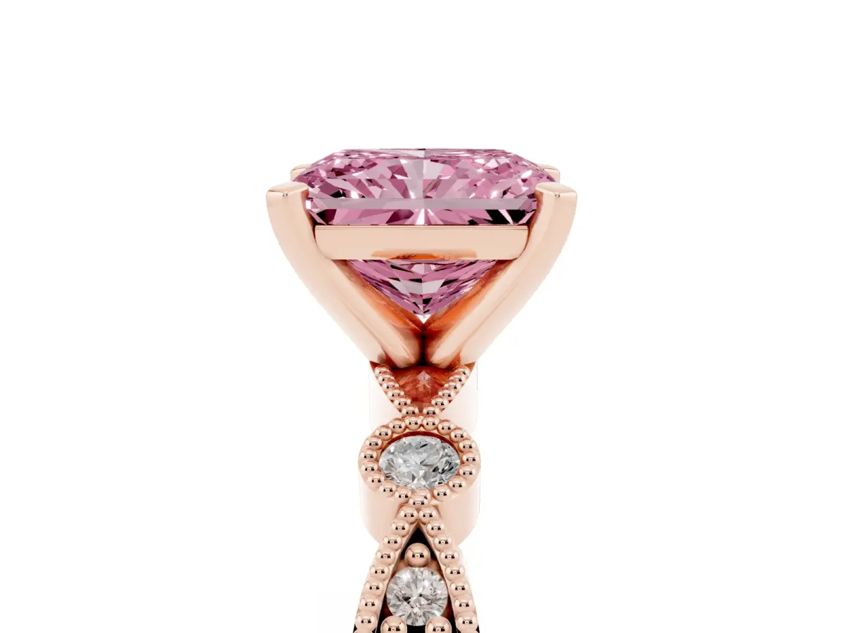 Fancy Pink Radiant Cut Milgrain Bezel Diamond Engagement Ring with Solitaire Prong Setting Rose gold