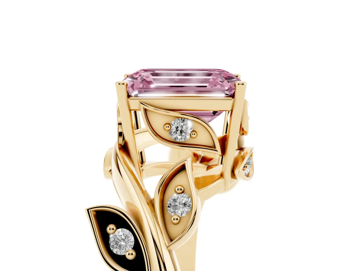 Fancy Pink Emerald Cut Solitaire Twist Engagement Ring with Leaf Accents and Prong Setting Yellow gold