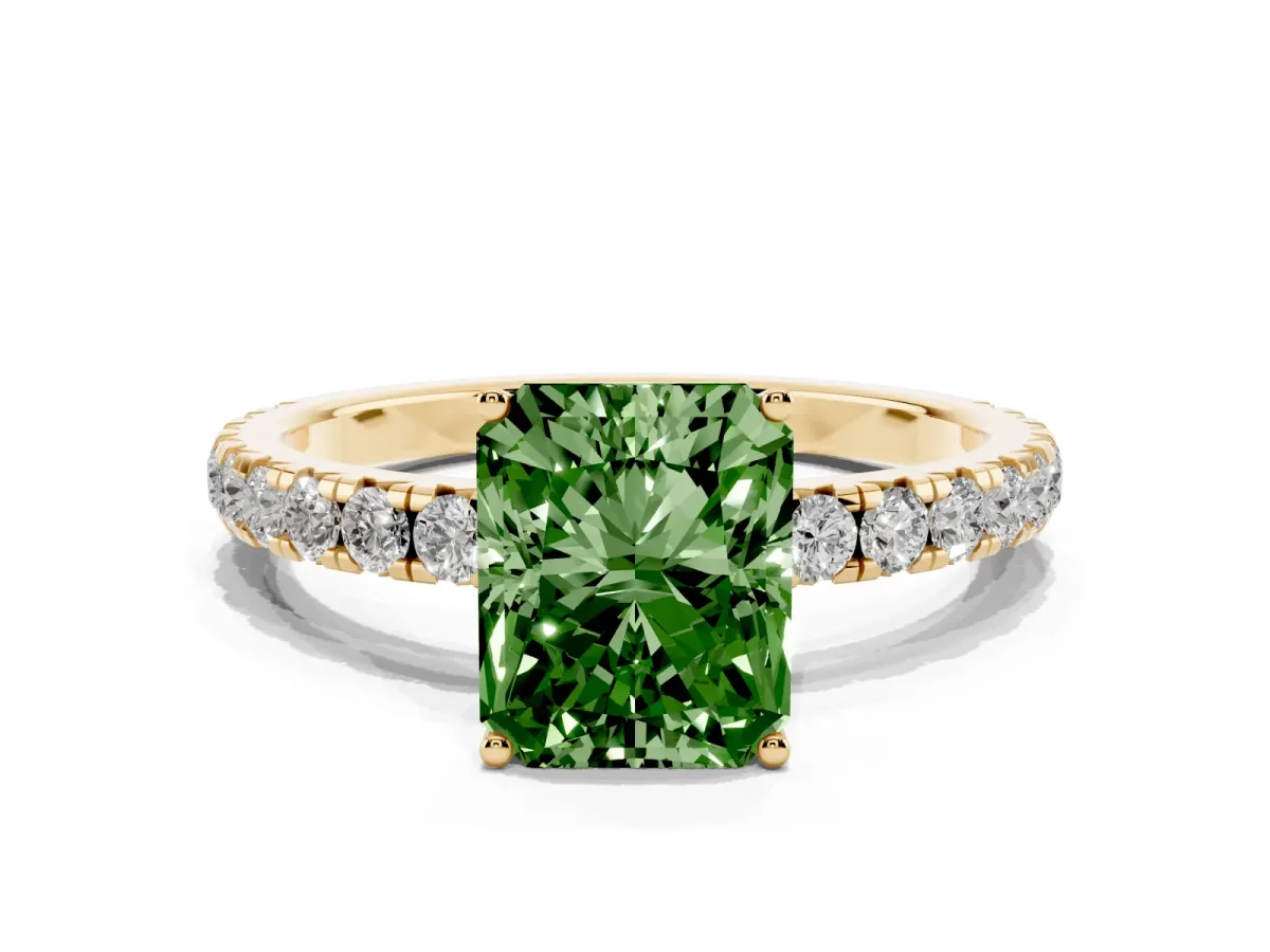 Fancy Green Radiant Cut Diamond Pavé Solitaire Engagement Ring with Four-Prong Setting Yellow gold