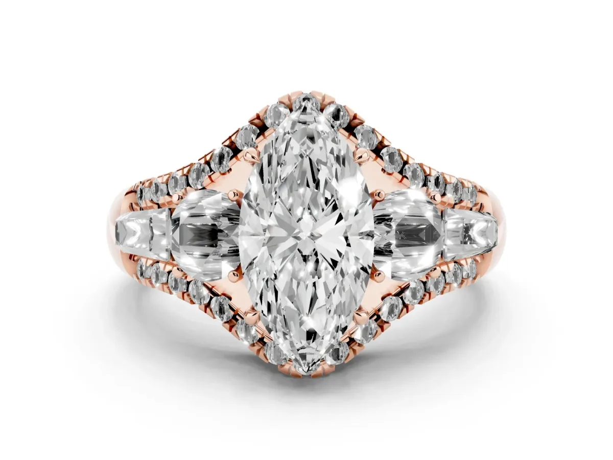 Three-Stone Marquise Cut Diamond Engagement Ring with Pave Band and Prong Setting Rose gold
