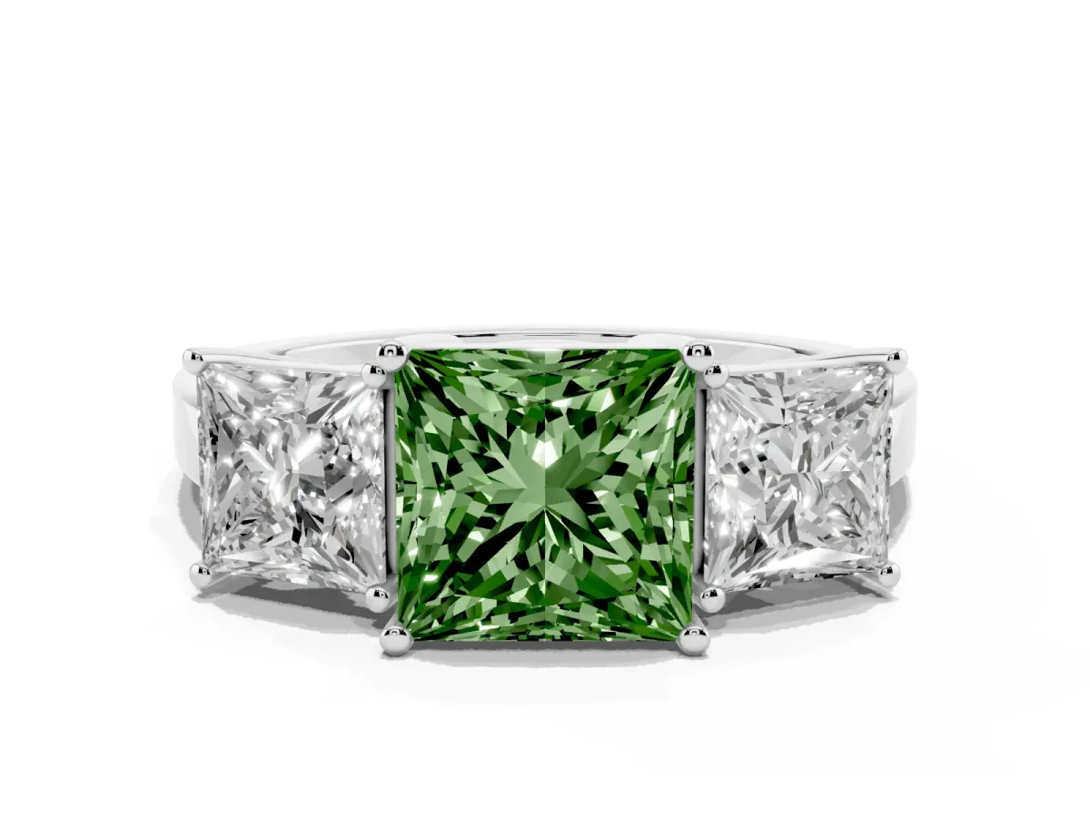 Fancy Green Three-Stone Princess Cut Cut Diamond Engagement Ring with Flat Band and Four-Prong Setting White gold