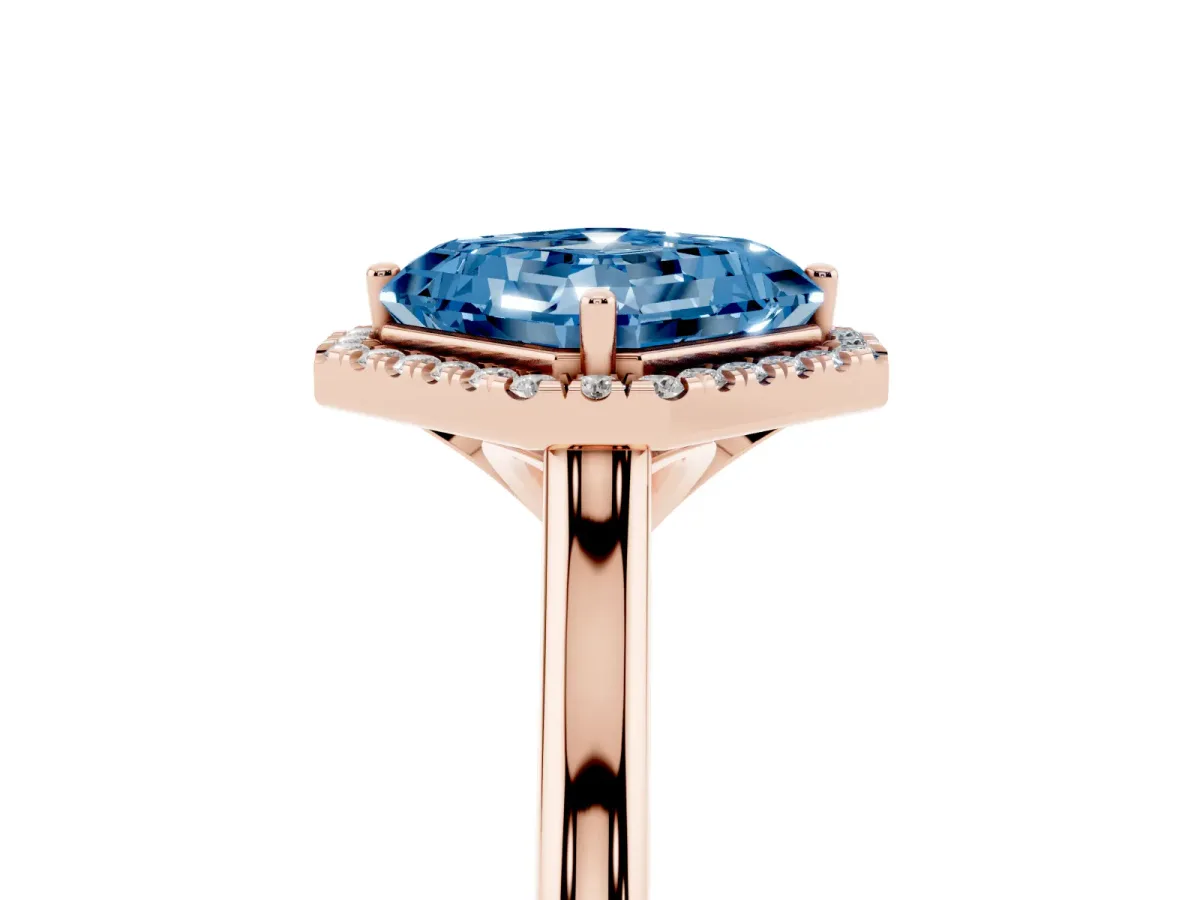 Fancy Blue Asscher Cut Halo Round Diamond Solitaire Engagement Ring with Pave Band and Four-Prong Setting Rose gold
