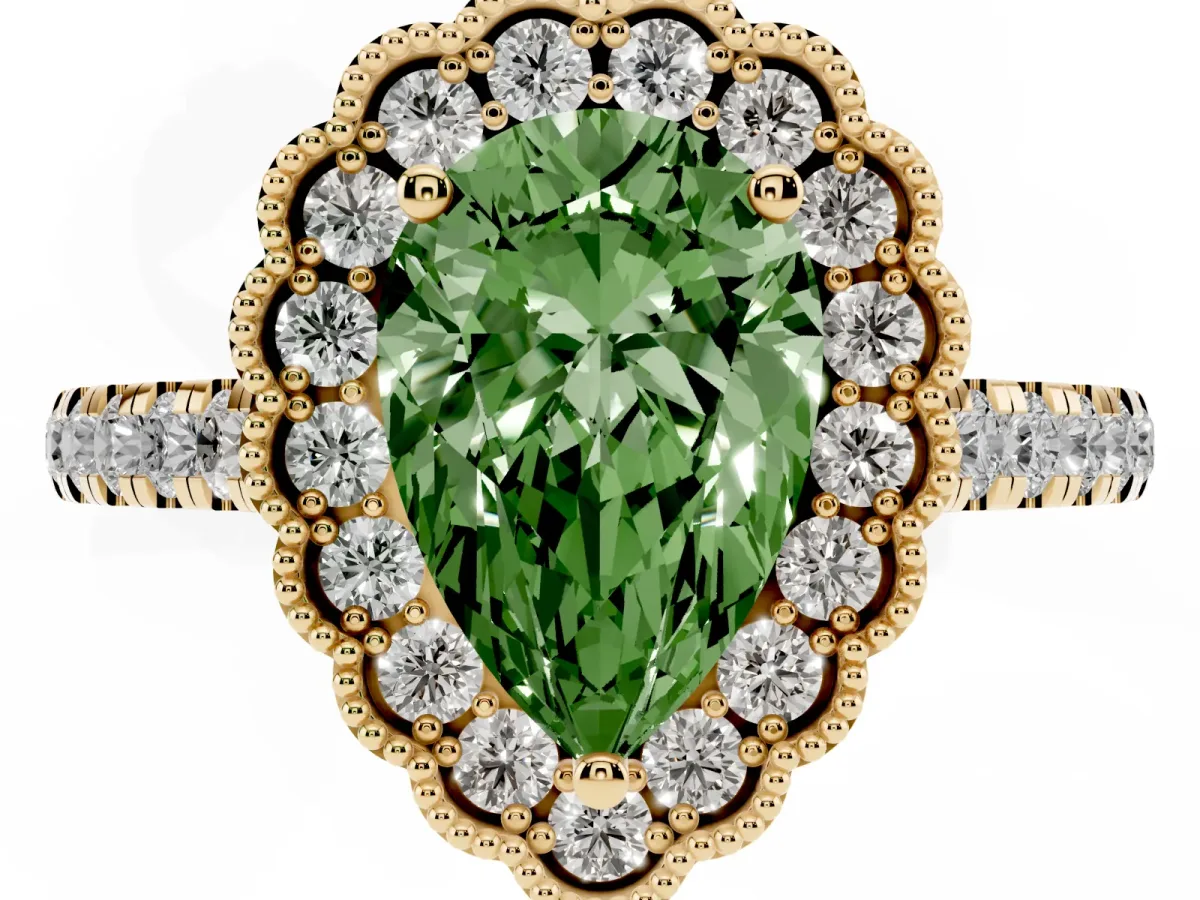 Fancy Green Pear Cut Cut Diamond Milgrain Floral Halo Engagement Ring with Pavé Band Yellow gold