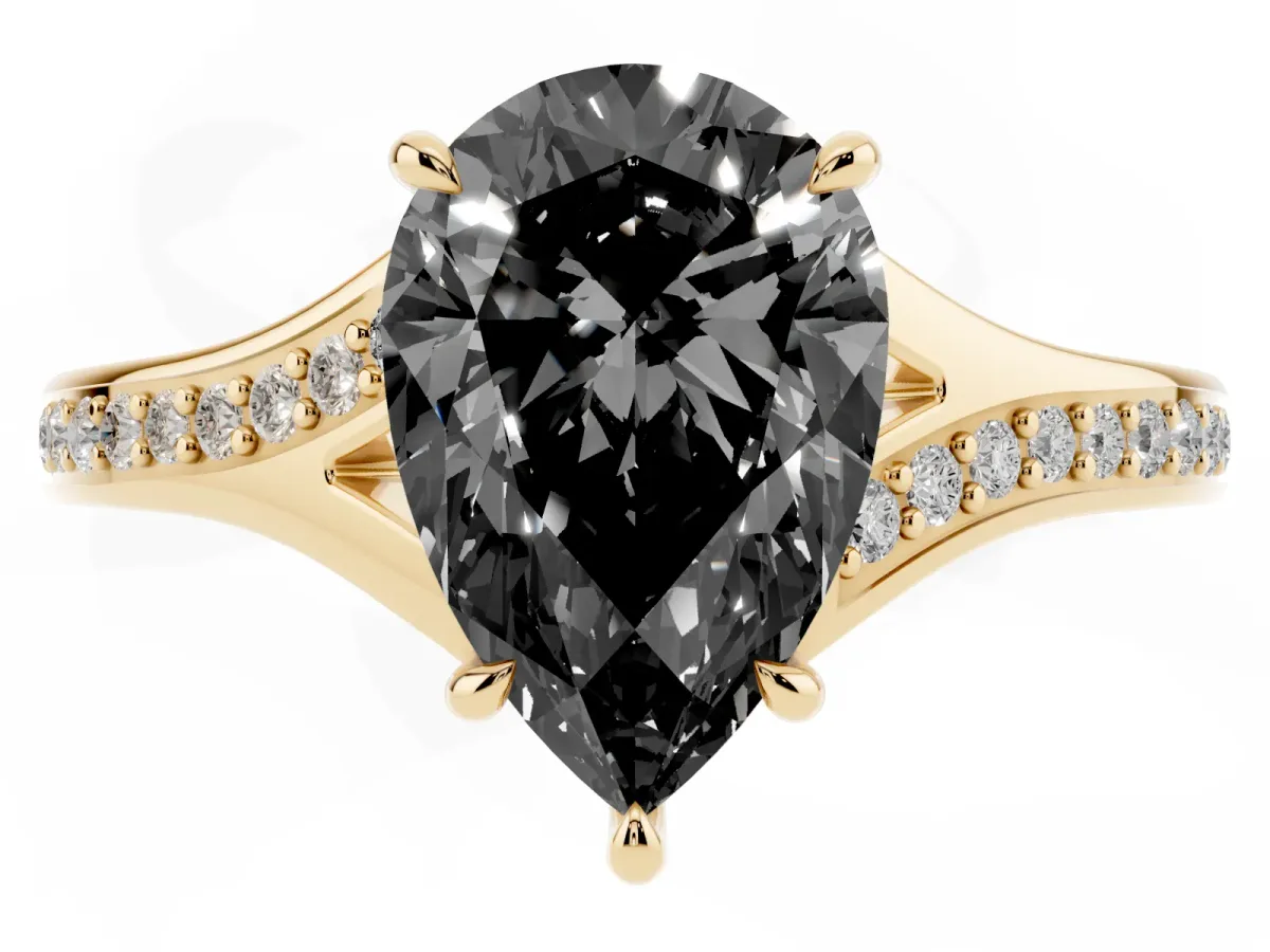 Fancy Black Pear Cut Diamond Solitaire Ring with Pavé Band and Prong Setting Yellow gold