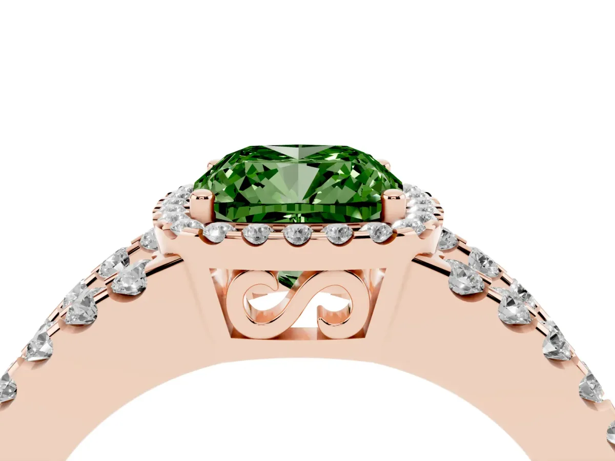Fancy Green Cushion Cut Cut Halo Split Shank Diamond Ring with Four-Prong Setting Rose gold