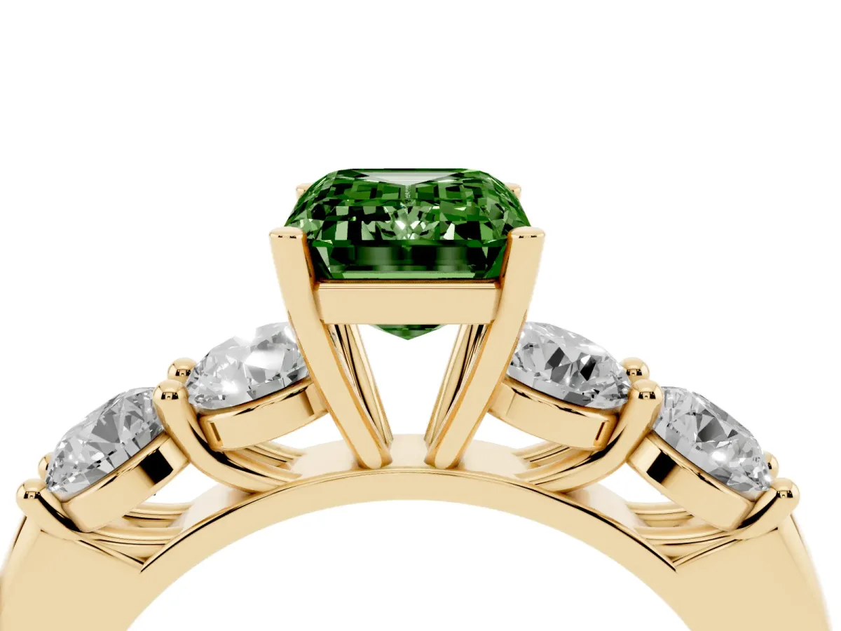 Fancy Green Emerald Cut Cut Five-Stone Prong Set Diamond Ring with Classic Band Yellow gold