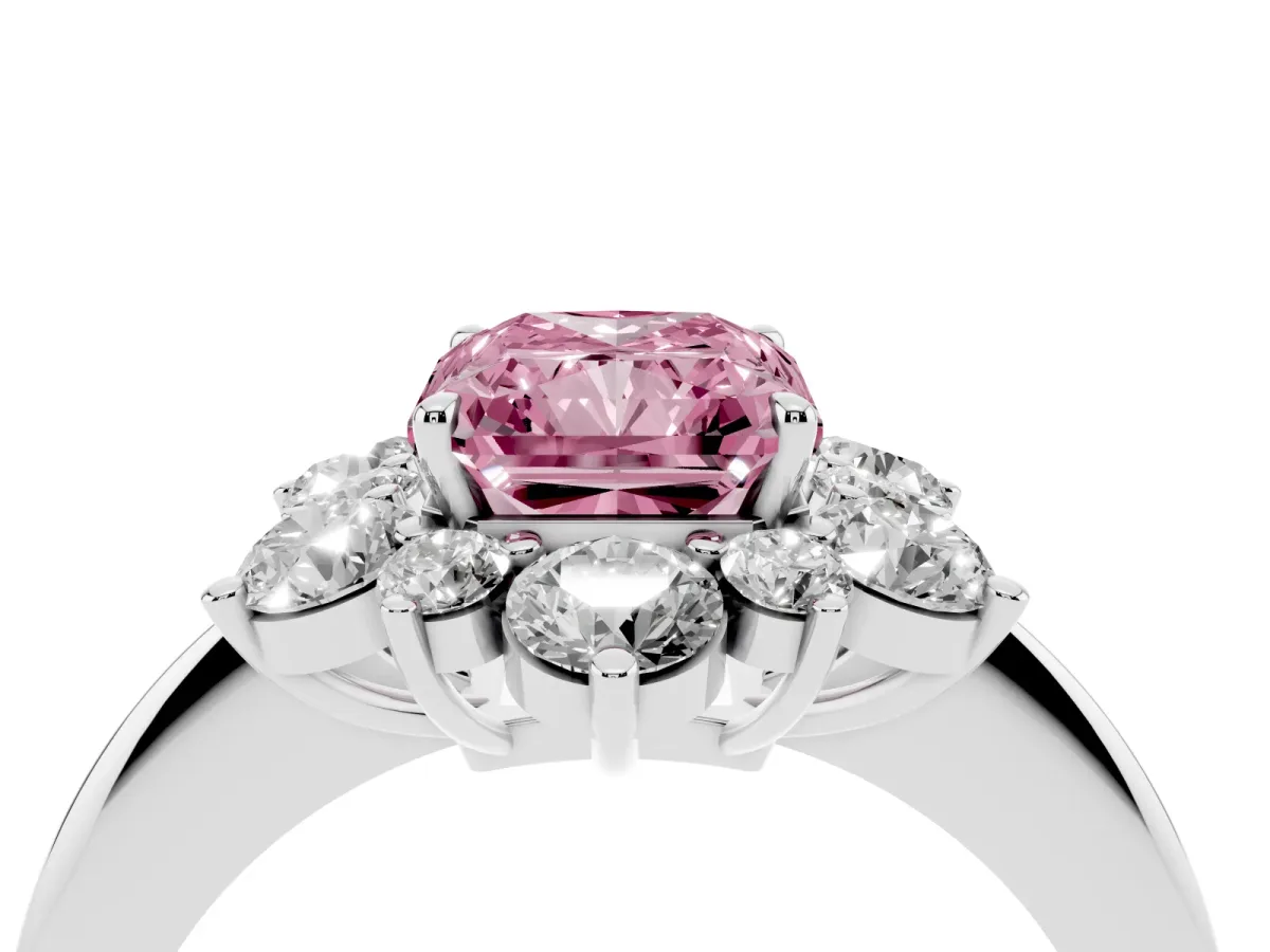 Fancy Pink Radiant Cut Diamond Cluster Halo Ring with Solitaire Band and Four-Prong Setting Silver