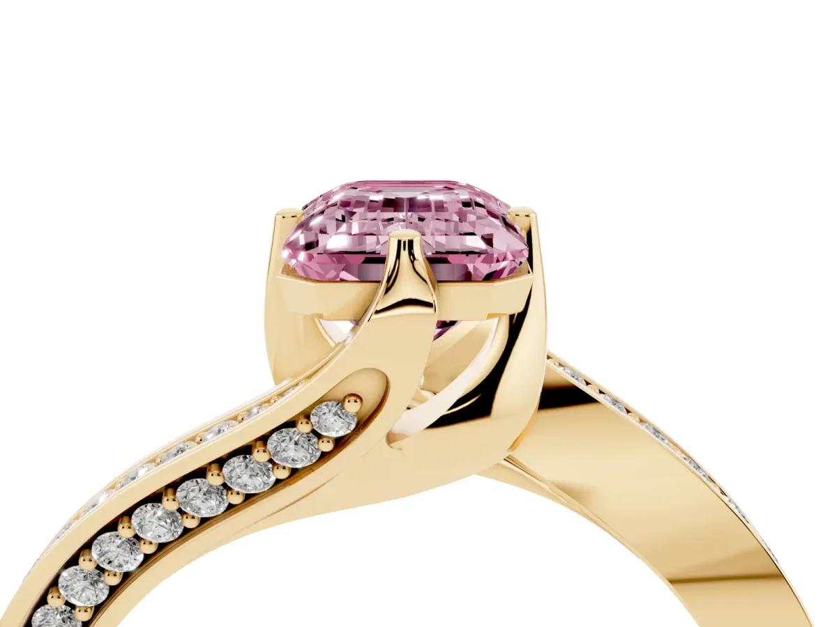 Fancy Pink Emerald Cut Solitaire Diamond Twist Band with Pavé Setting and Four-Prong Setting Yellow gold