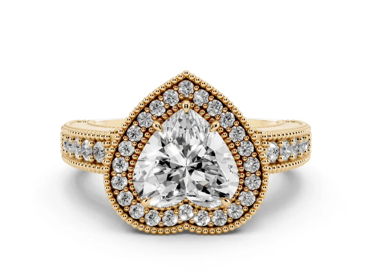 Heart Cut Cut Halo Diamond Ring with Pavé Band and Four-Prong Setting Yellow gold
