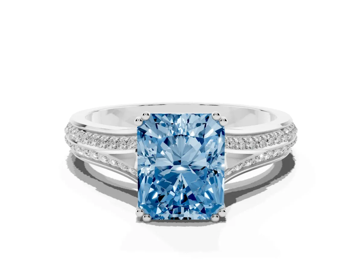 Fancy Blue Radiant Cut Diamond Split Shank Engagement Ring with Pavé Band Silver