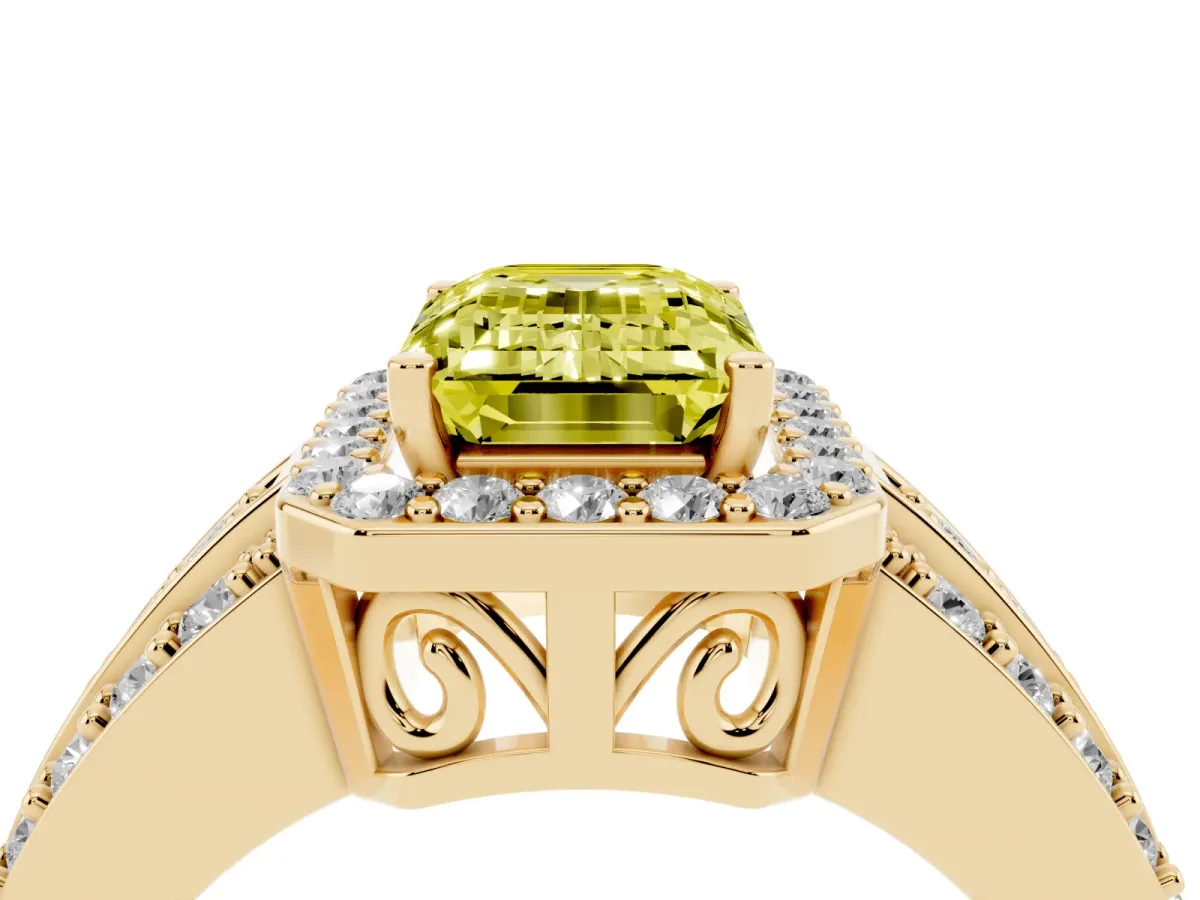 Fancy Yellow Emerald Cut Halo Diamond Ring with Round Split Shank and Prong Setting Yellow gold