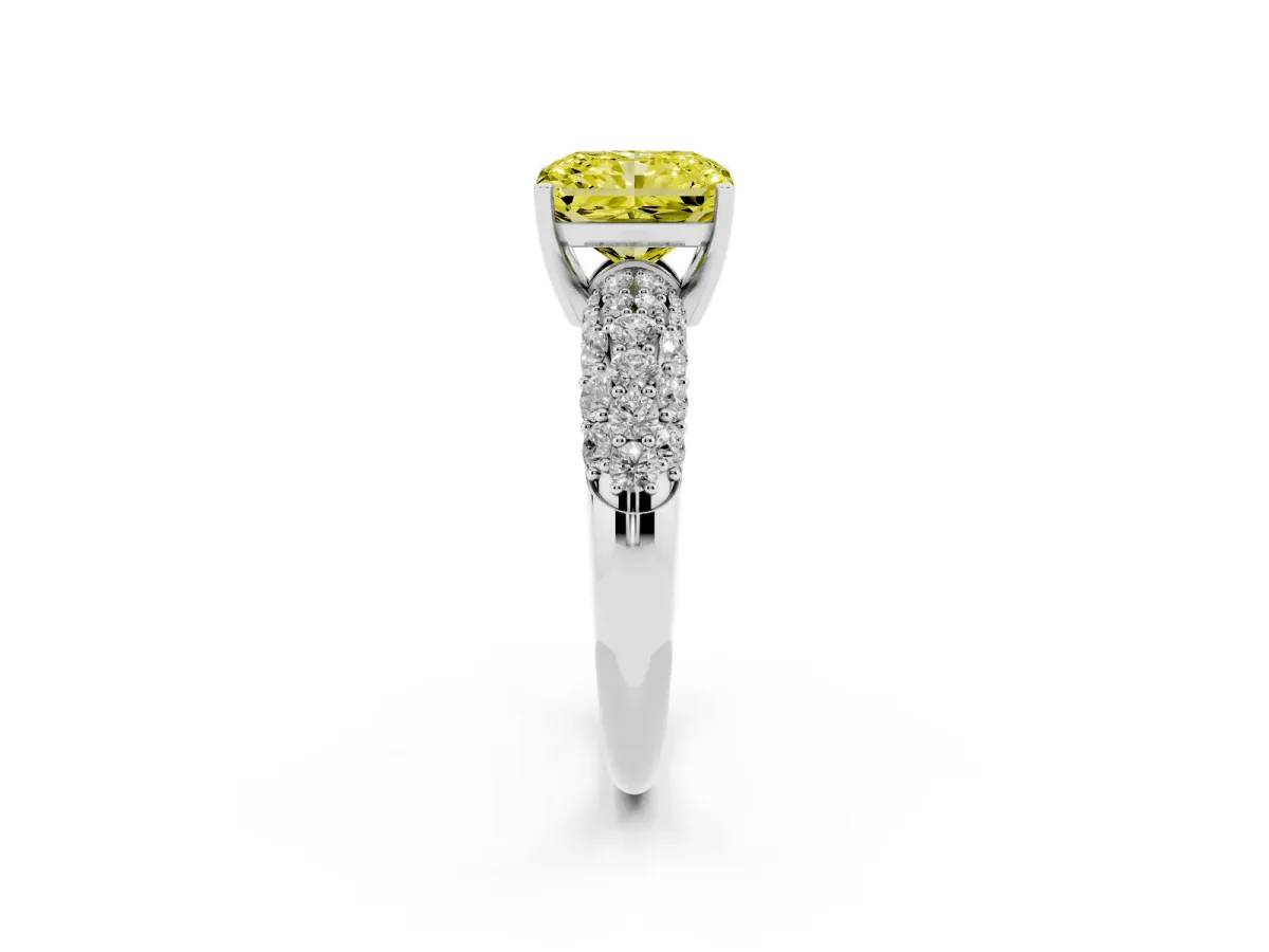 Fancy Yellow Radiant Cut Diamond Pavé Band Solitaire Ring with Four-Prong Setting Silver