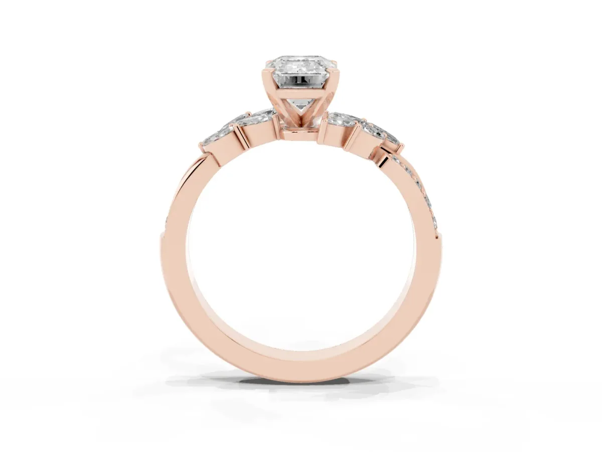 Emerald Cut Solitaire Marquise Twist Band with Six-Prong Setting Rose gold