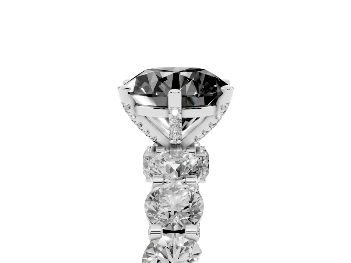 Fancy Black Round Cut Diamond Side Stone Engagement Ring with Four-Prong Setting Platinum