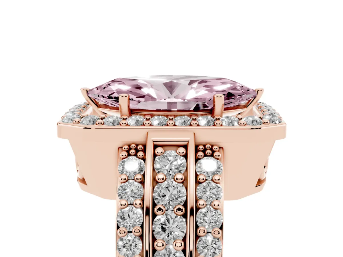 Fancy Pink Marquise Cut Halo Diamond Ring with Round Split Shank and Prong Setting Rose gold