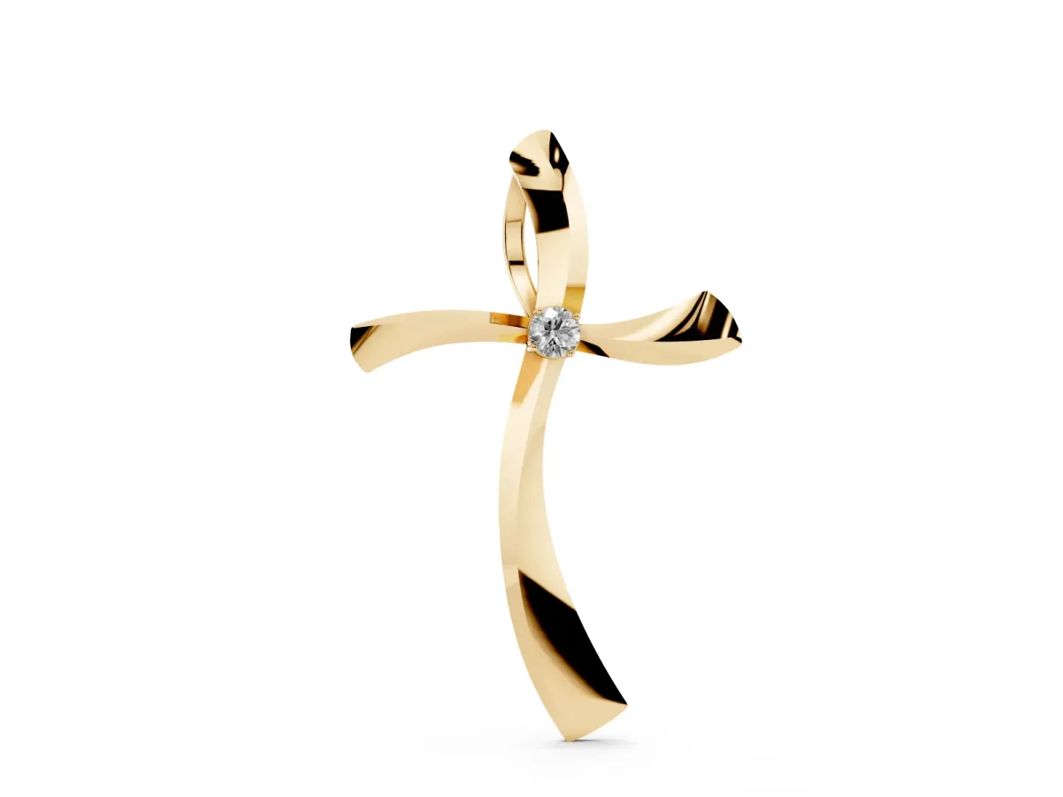 Curved Cross Pendant with Round Diamond in Bezel Setting Yellow gold