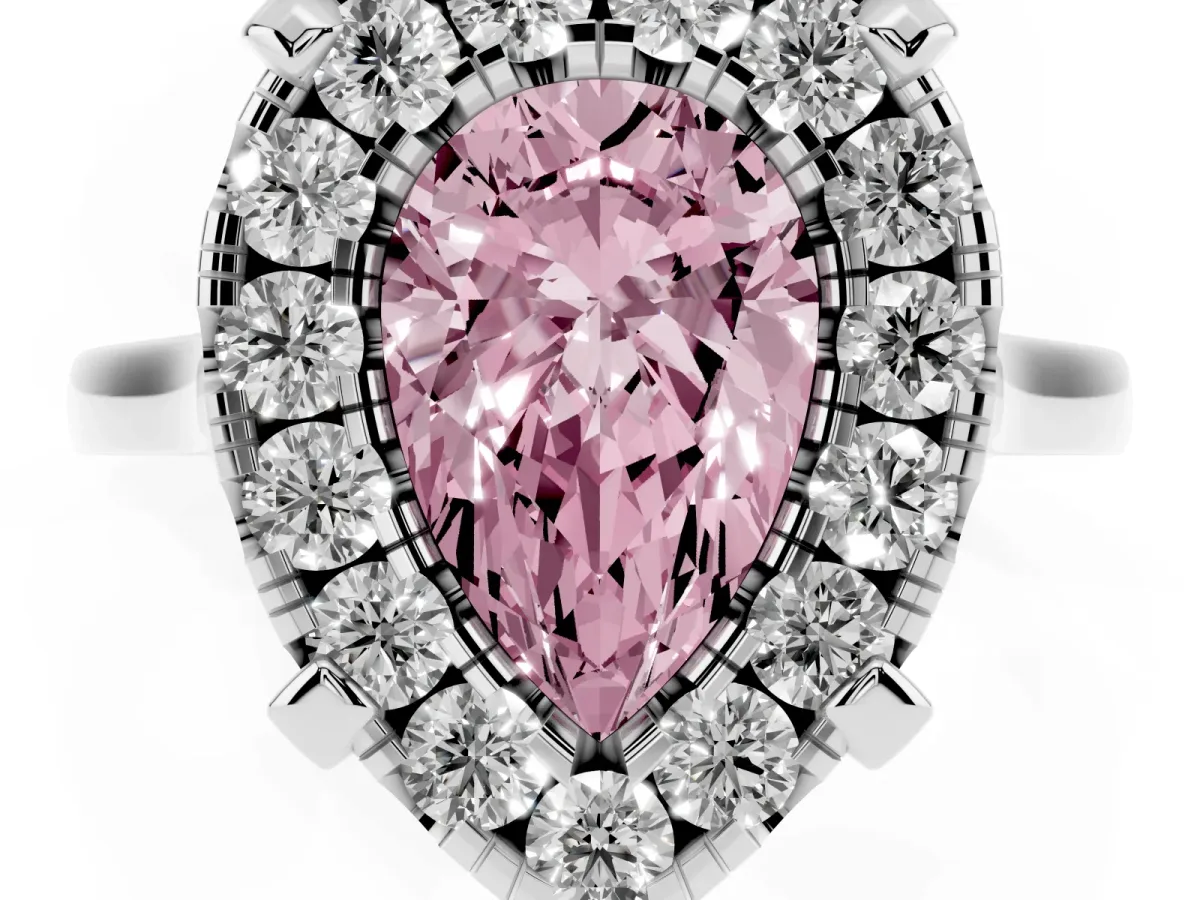 Fancy Pink Pear Cut Diamond Cluster Halo Solitaire with Four-Prong Setting Silver