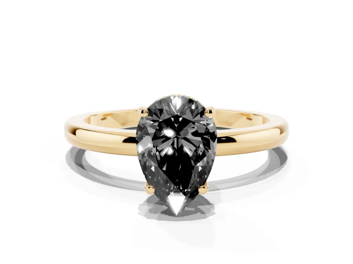 Fancy Black Pear Cut Solitaire Diamond Ring with Prong Setting and Plain Band Yellow gold