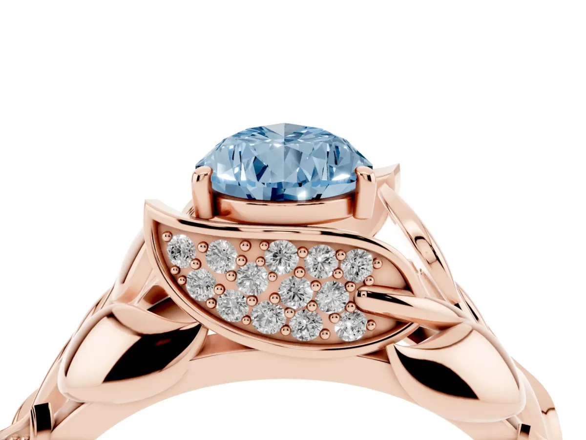 Fancy Blue Pear Cut Diamond Leaf-Inspired Engagement Ring with Round Accents and Prong Setting Rose gold