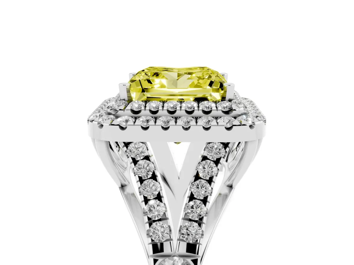 Fancy Yellow Princess Cut Diamond Pavé Split Shank Double Halo Engagement Ring Silver