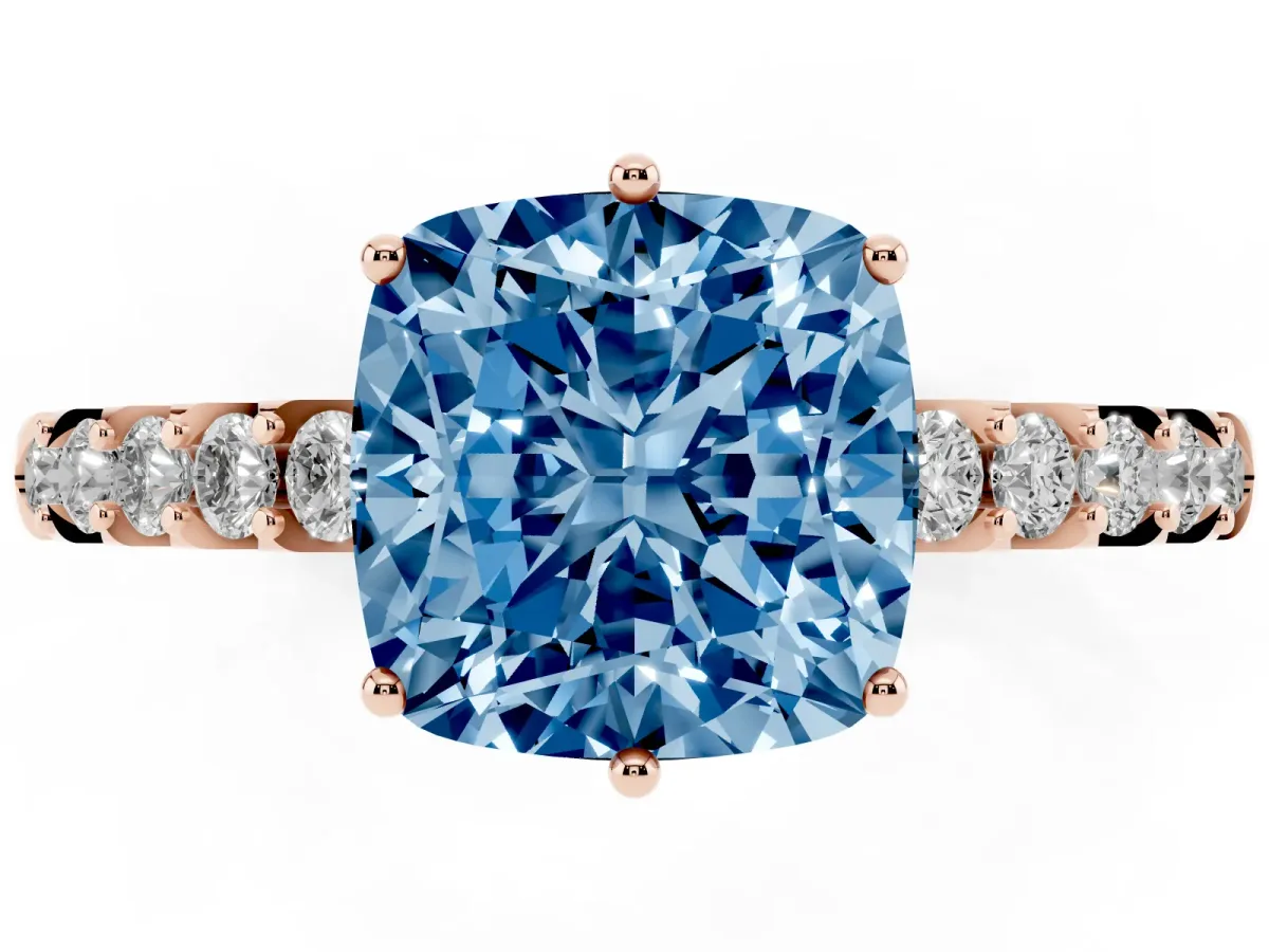 Fancy Blue Cushion Cut Solitaire Diamond Engagement Ring with Pavé Band and Six-Prong Setting Rose gold