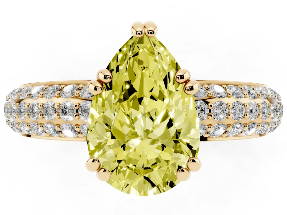Fancy Yellow Pear Cut Diamond Solitaire Ring with Multi-Row Round Pavé Band and Prong Setting Yellow gold