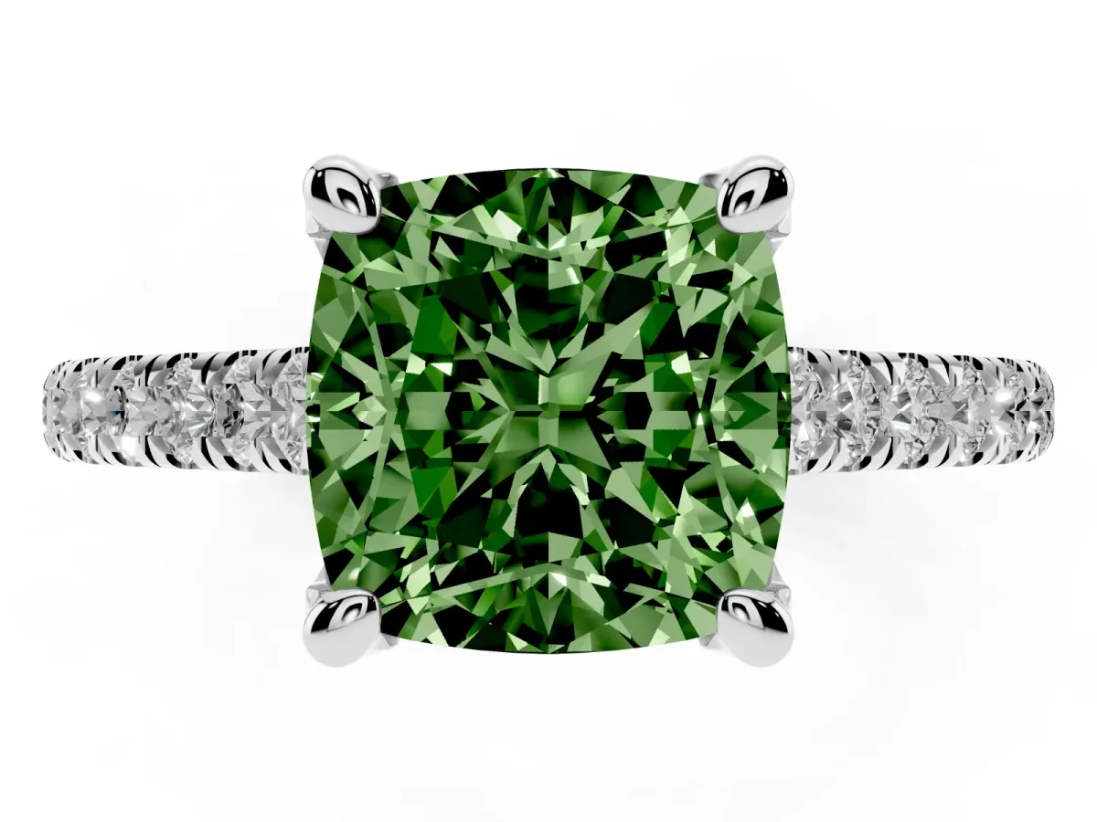 Fancy Green Cushion Cut Brilliant Diamond Solitaire with Pavé Band and Four-Prong Setting Silver