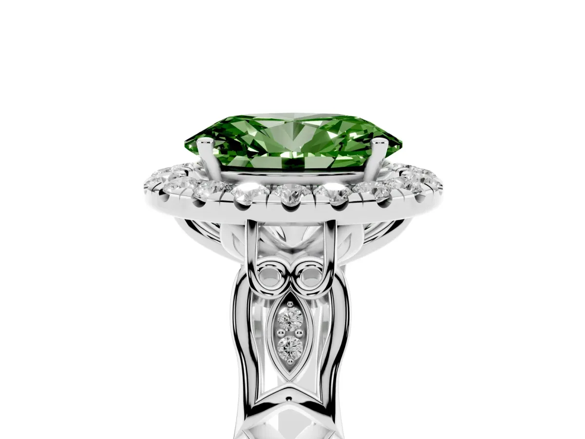 Fancy Green Oval Cut Halo Diamond Engagement Ring with Filigree Band and Four-Prong Setting Platinum
