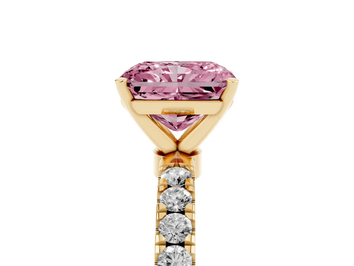 Fancy Pink Radiant Cut Diamond Solitaire Ring with Pavé Accents and Four-Prong Setting Yellow gold