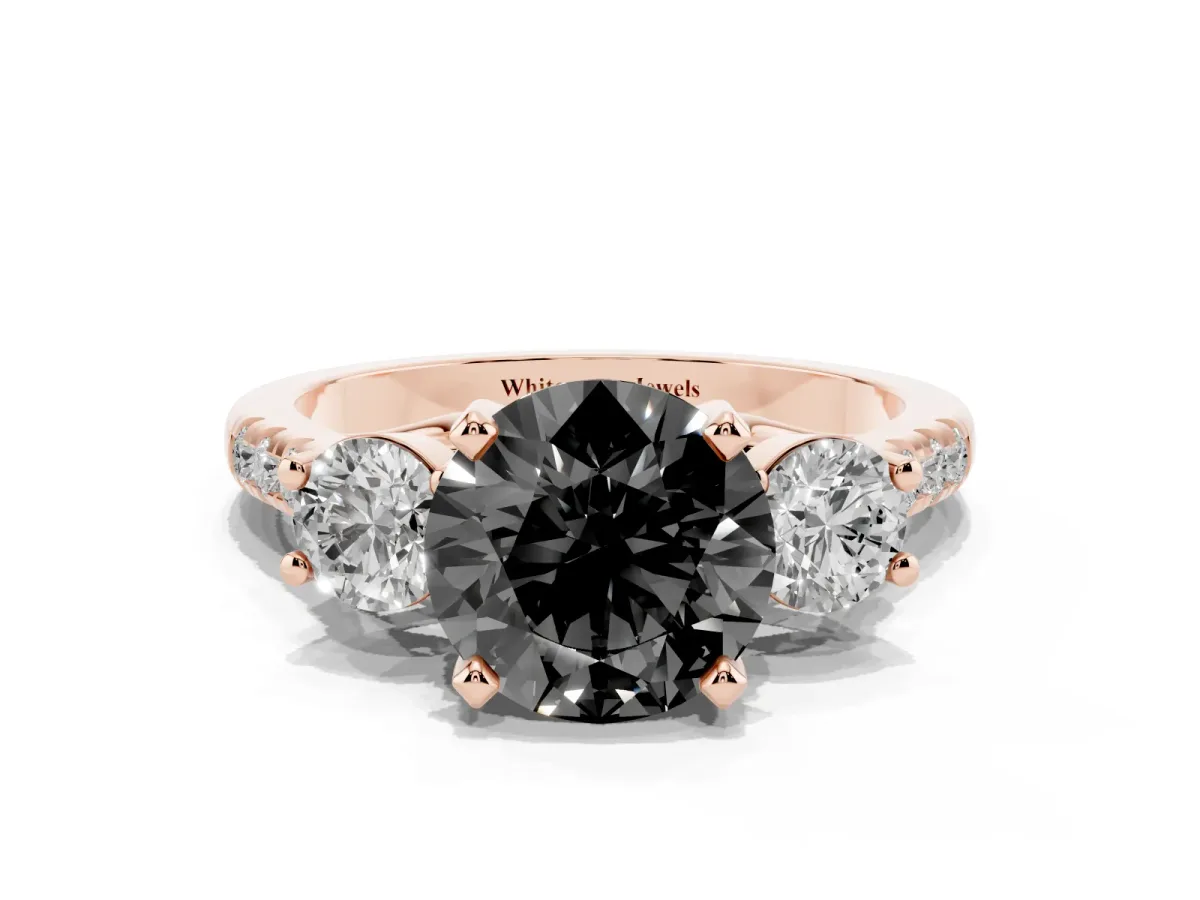 Fancy Black Three-Stone Round Cut Diamond Pavé Band with Four-Prong Setting Rose gold