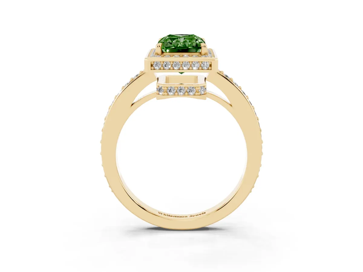 Fancy Green Radiant Cut Halo Pave Band Solitaire Ring with Prong Setting Yellow gold