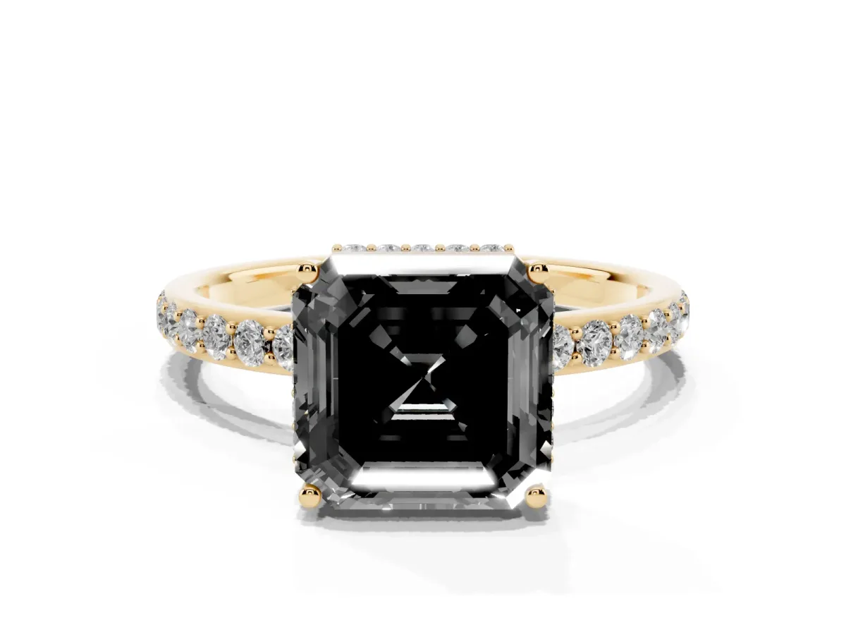 Fancy Black Asscher Cut Diamond Solitaire Ring with Pavé Band and Hidden Halo Yellow gold