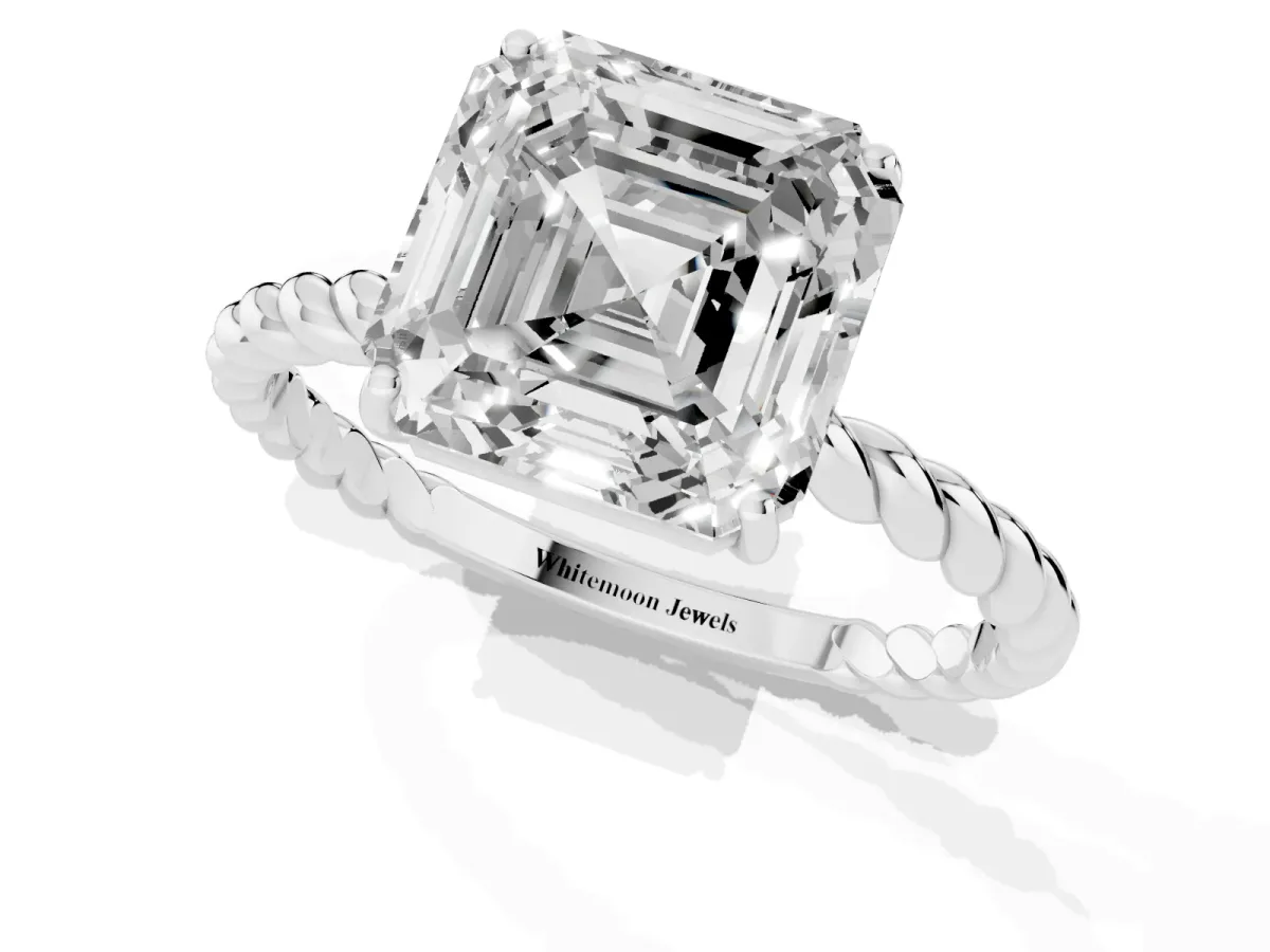 Asscher Cut Solitaire Twist Band Ring with Four-Prong Setting Silver