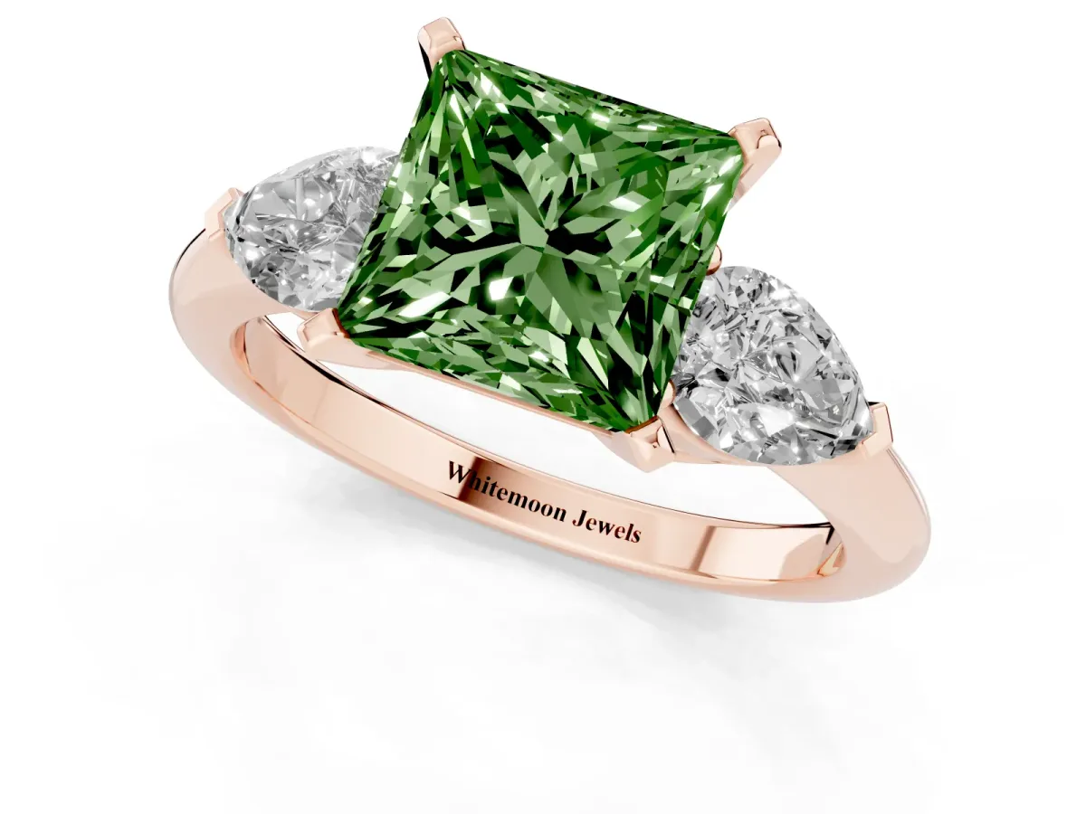 Fancy Green Three-Stone Princess Cut Diamond Ring with Pear Side Stones and Four-Prong Setting Rose gold