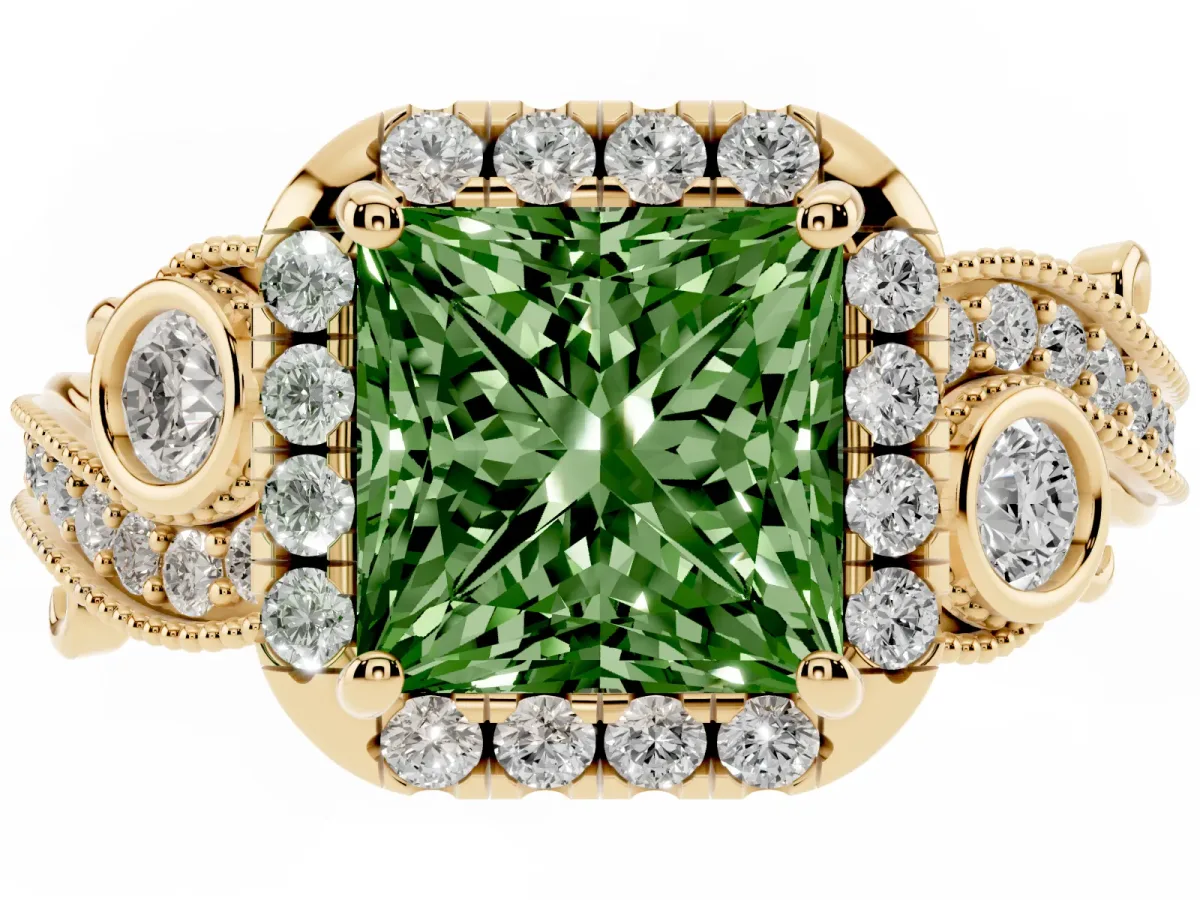 Fancy Green Princess Cut Diamond Halo Ring with Milgrain Pavé Band and Four-Prong Setting Yellow gold