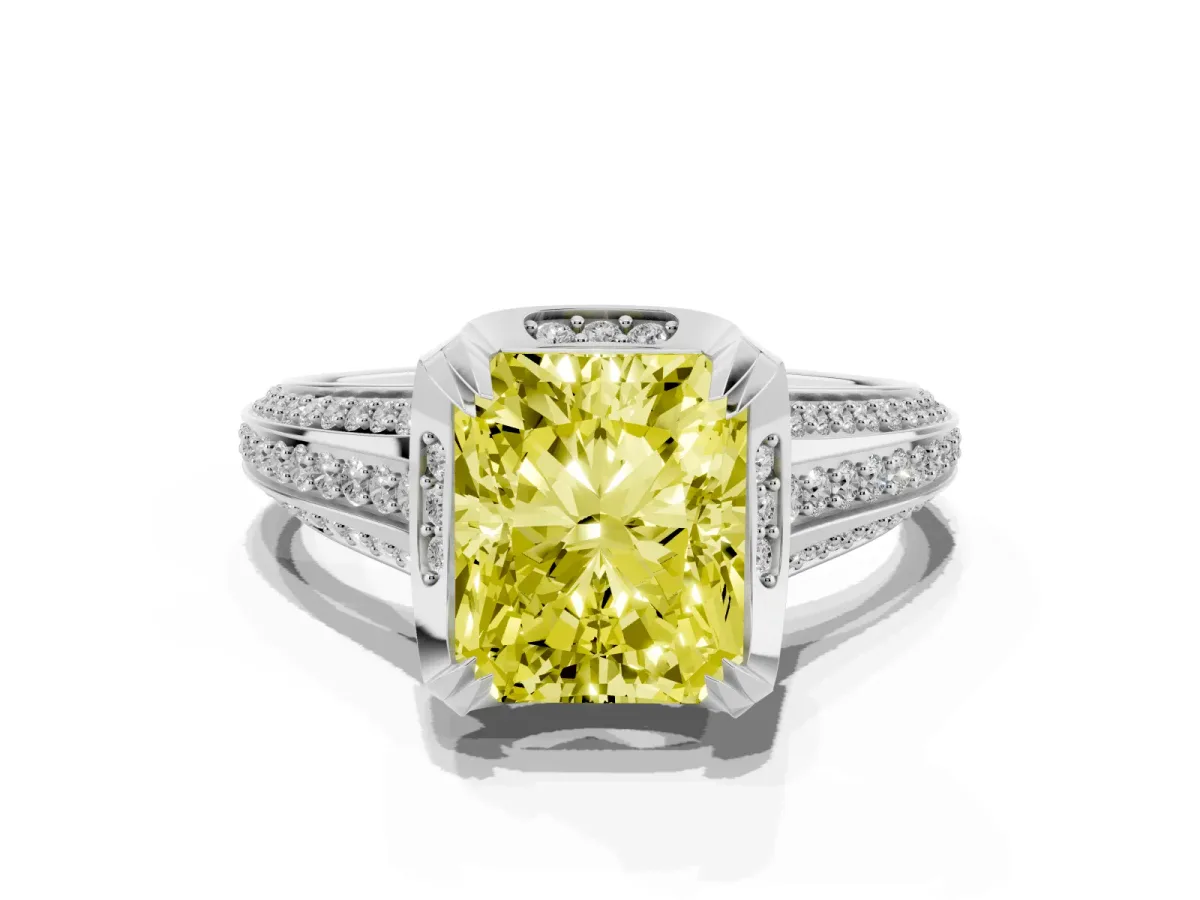 Fancy Yellow Radiant Cut Solitaire Pave Split Shank Ring with Four-Prong Setting Silver