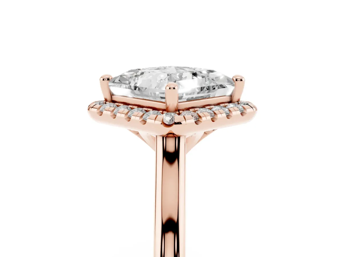 Princess Cut Halo Round Diamond Solitaire Engagement Ring with Pave Band and Four-Prong Setting Rose gold