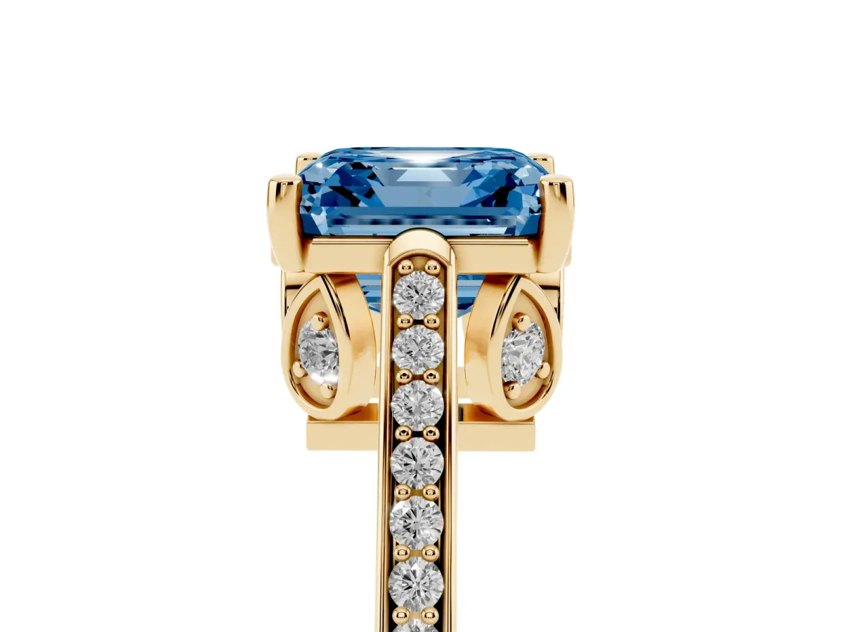 Fancy Blue Asscher Cut Cut Cathedral Pave Diamond Engagement Ring with Six-Prong Setting Yellow gold