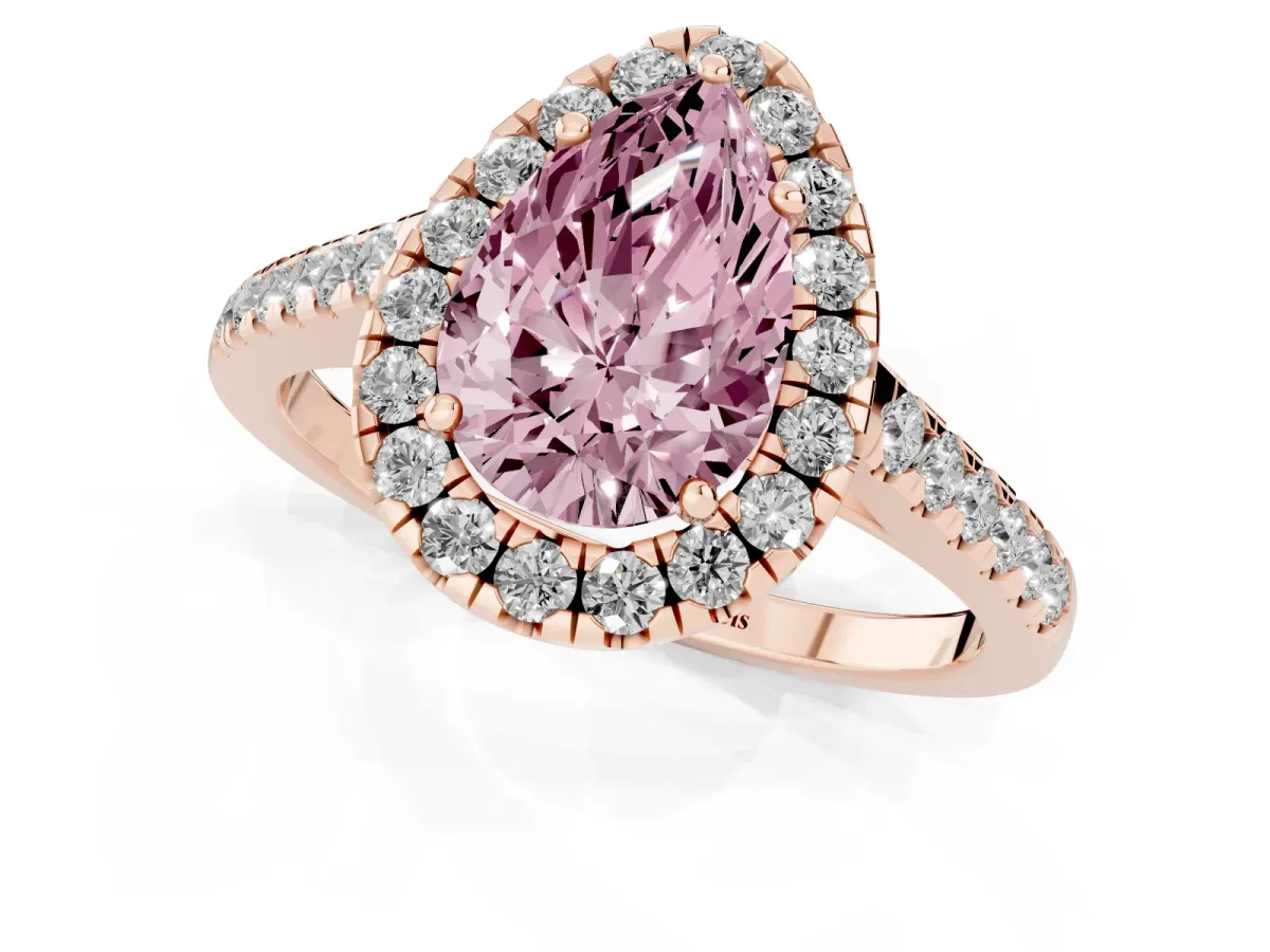Fancy Pink Pear Cut Halo Pave Diamond Engagement Ring with Four-Prong Setting Rose gold