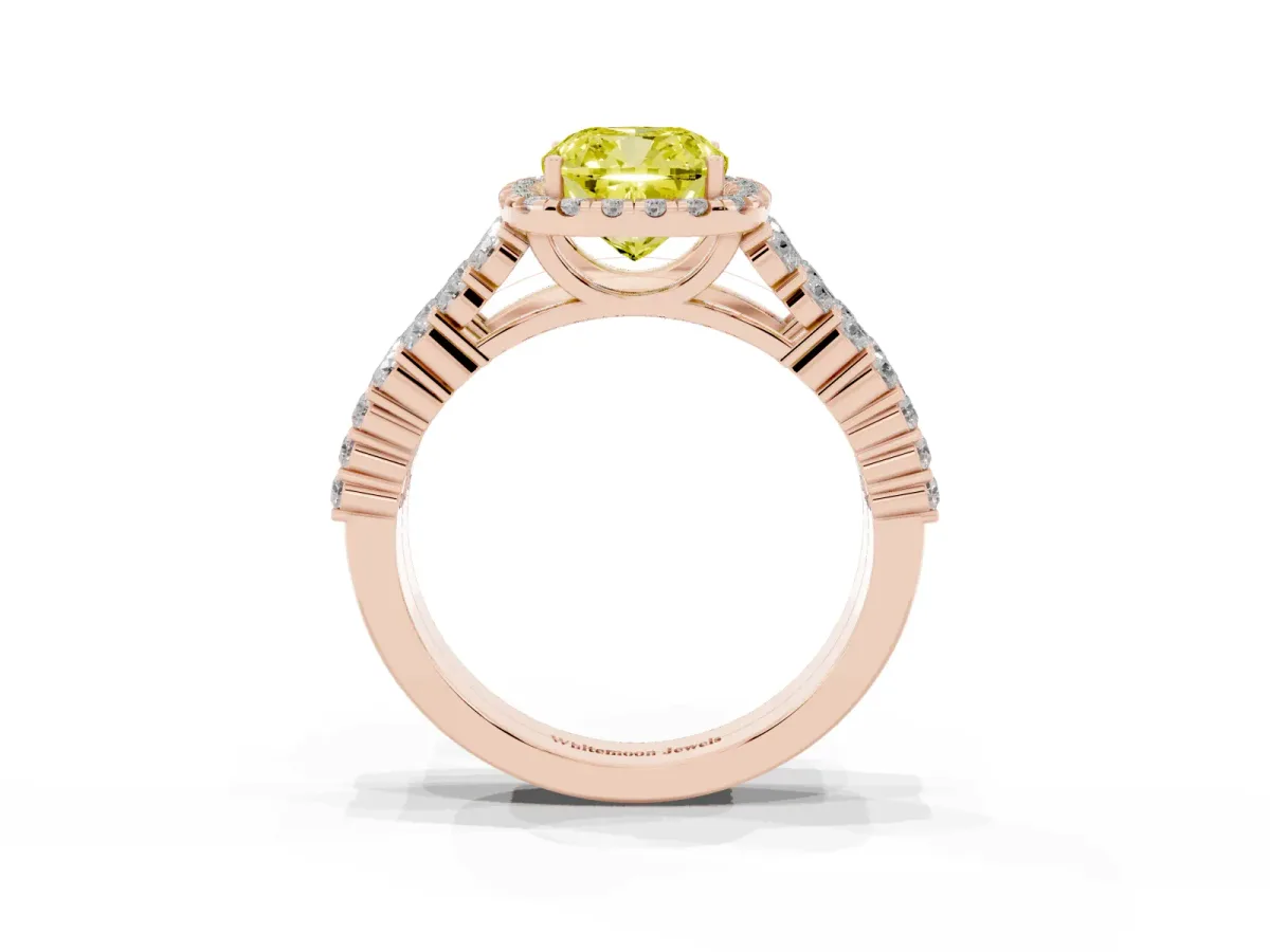Fancy Yellow Cushion Cut Diamond Halo Engagement Ring with Triple Row Round Pavé Band and Prong Setting Rose gold