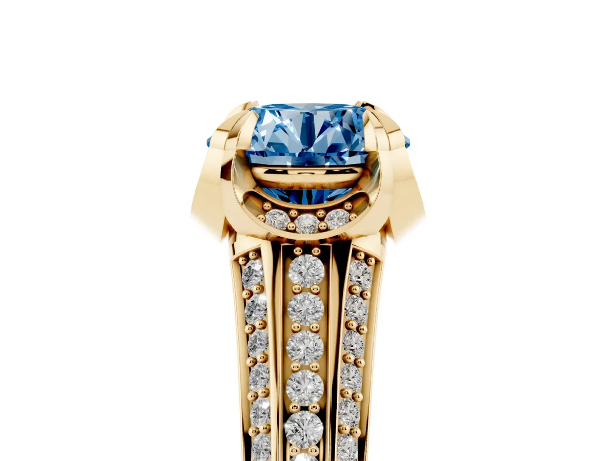 Fancy Blue Round Cut Solitaire Pave Split Shank Ring with Four-Prong Setting Yellow gold
