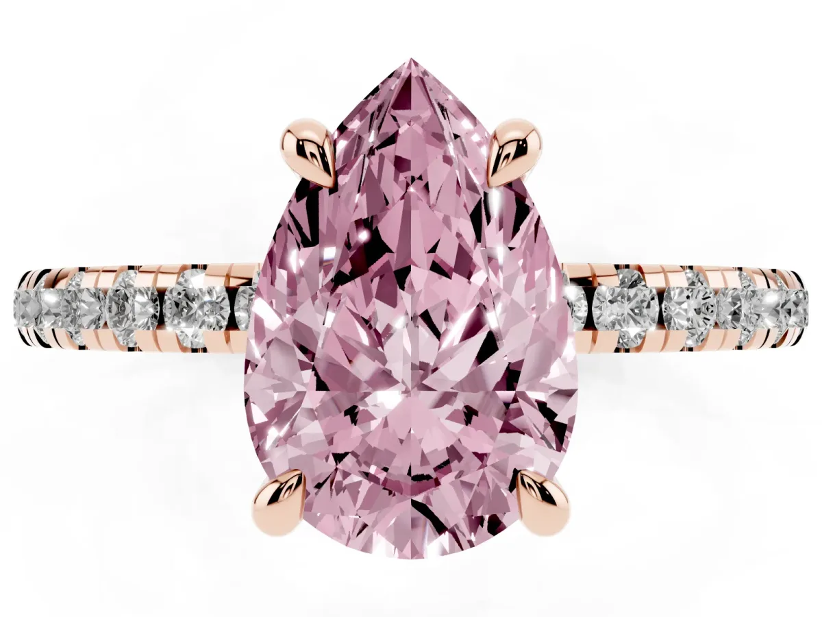 Fancy Pink Pear Cut Diamond Brilliant Solitaire Ring with Pavé Band and Four-Prong Setting Rose gold