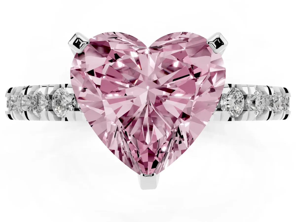 Fancy Pink Heart Cut Diamond Pavé Band Solitaire with Four-Prong Setting Silver