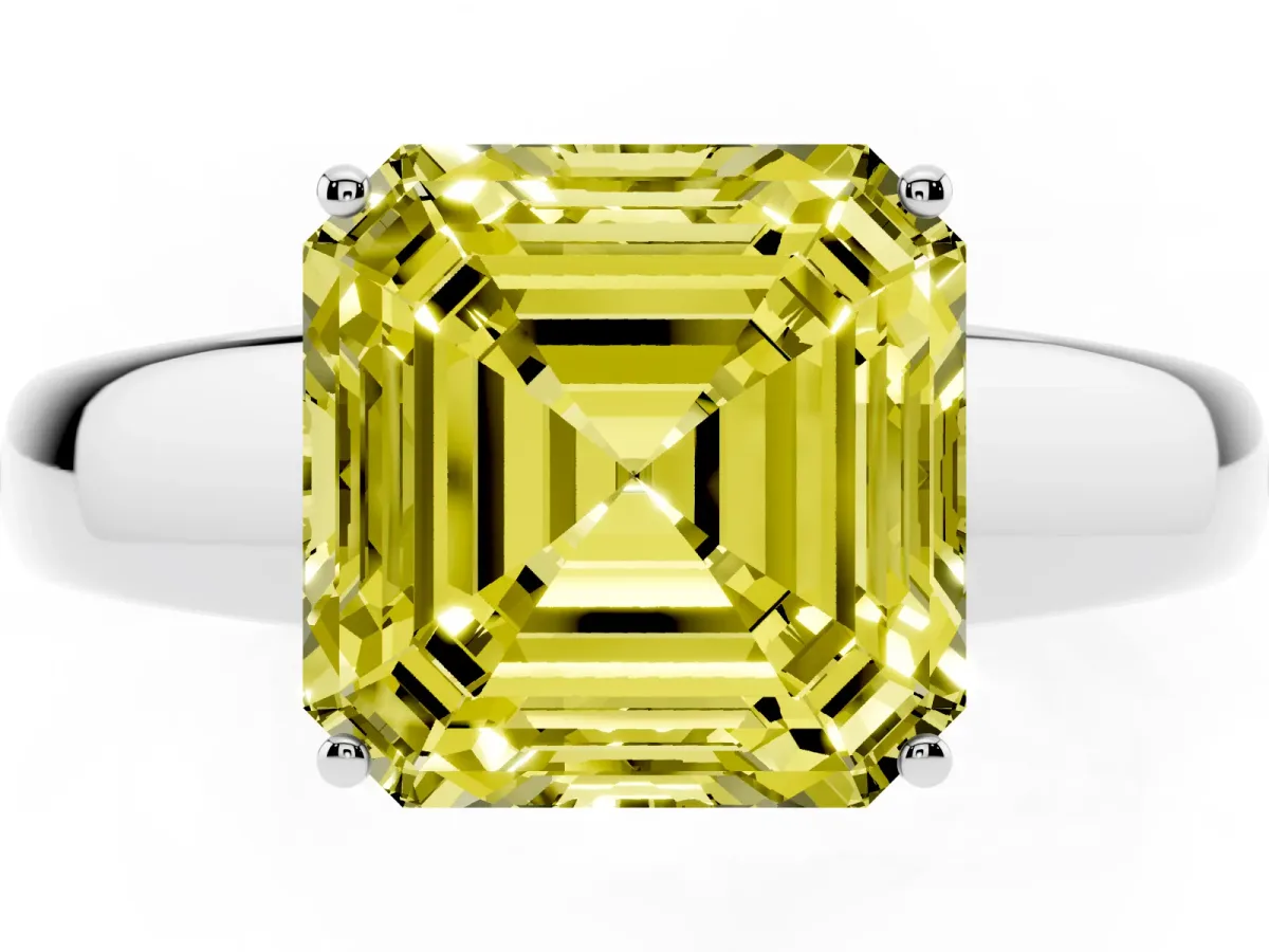 Fancy Yellow Asscher Cut Solitaire Diamond Ring with Tapered Band and Four-Prong Setting Silver