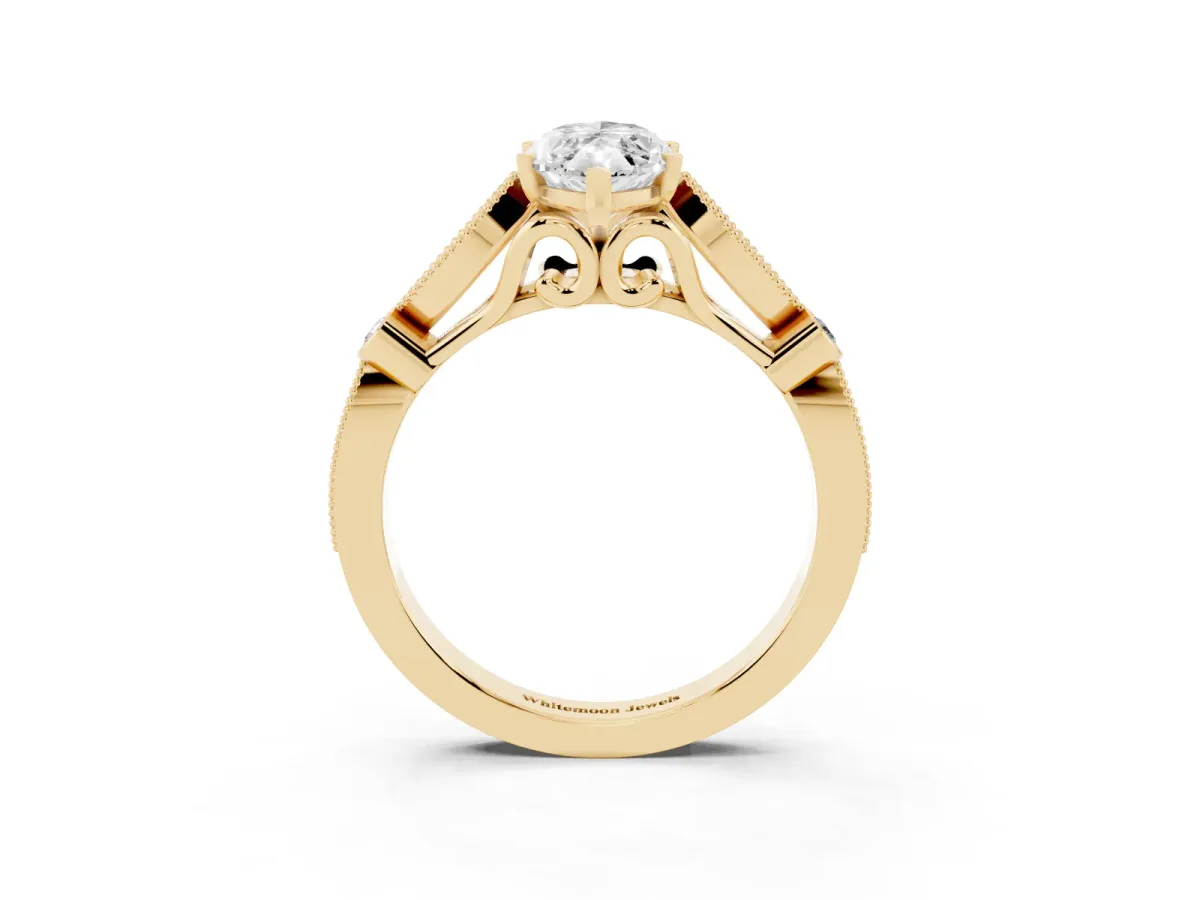 Marquise Cut Cut Diamond with Milgrain Marquise and Bezel Accents on a Solitaire Band with Prong Setting Yellow gold