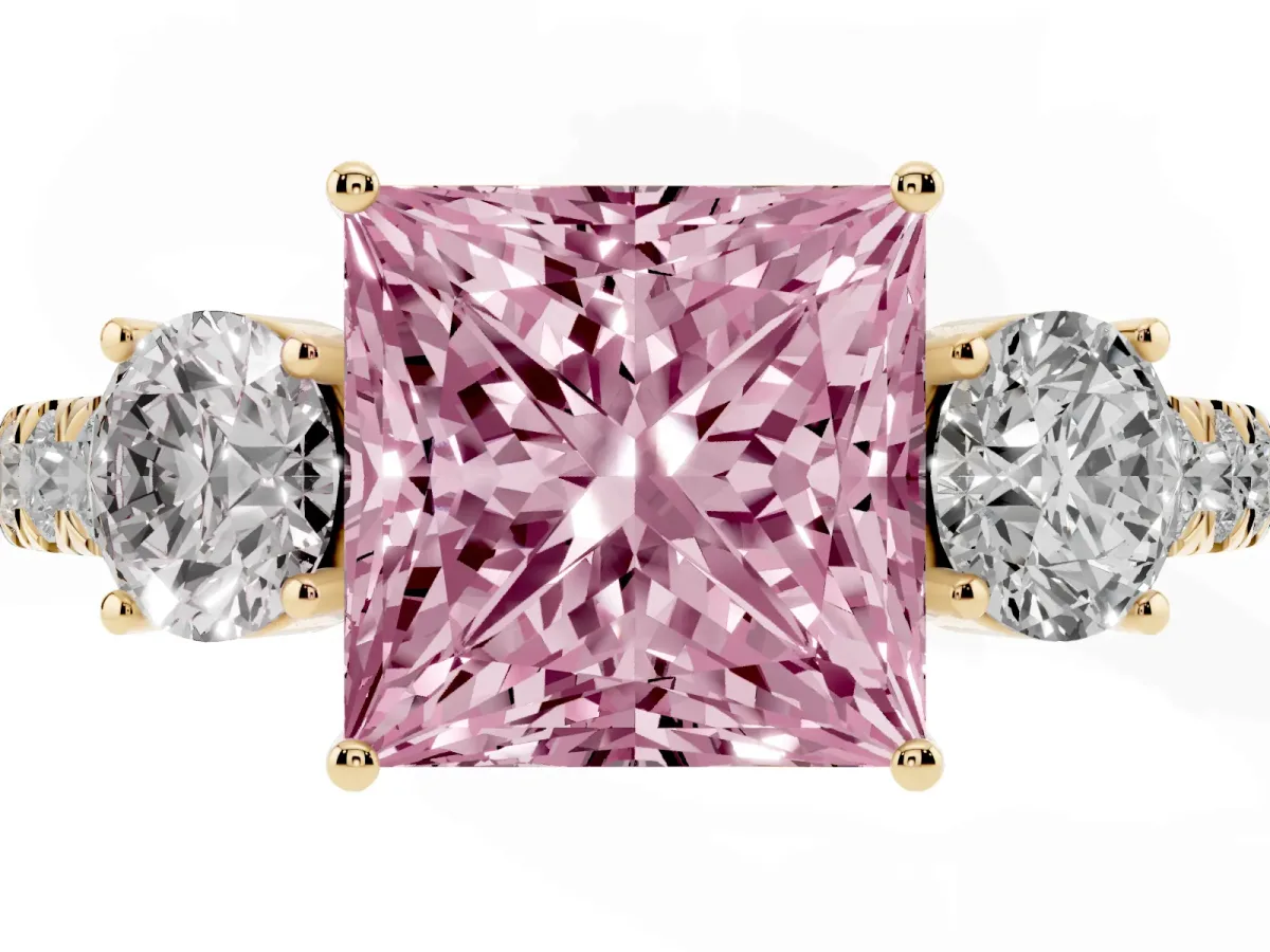 Fancy Pink Princess Cut Cut Diamond Three-Stone Ring with Round Side Stones and Pavé Band Yellow gold