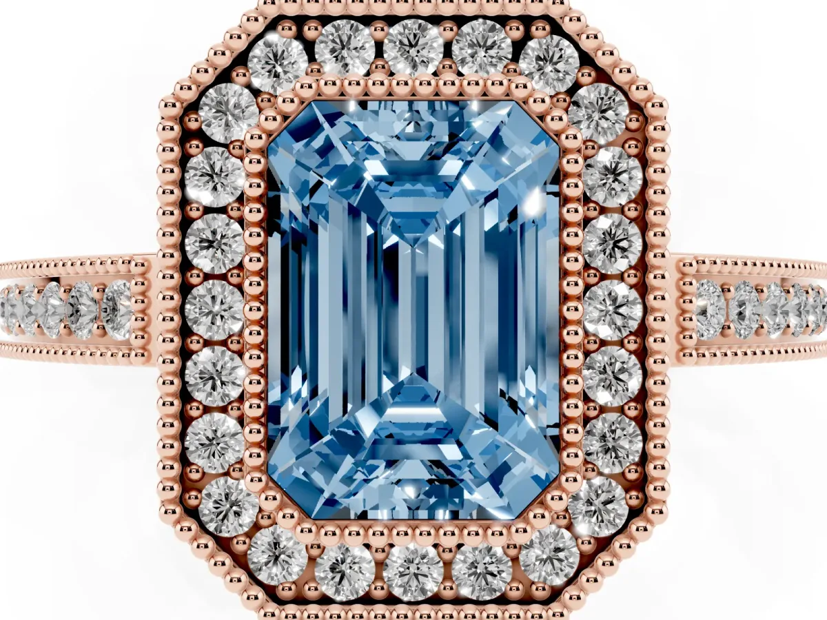 Fancy Blue Emerald Cut Cut Halo Diamond Ring with Pavé Band and Milgrain Prong Setting Rose gold